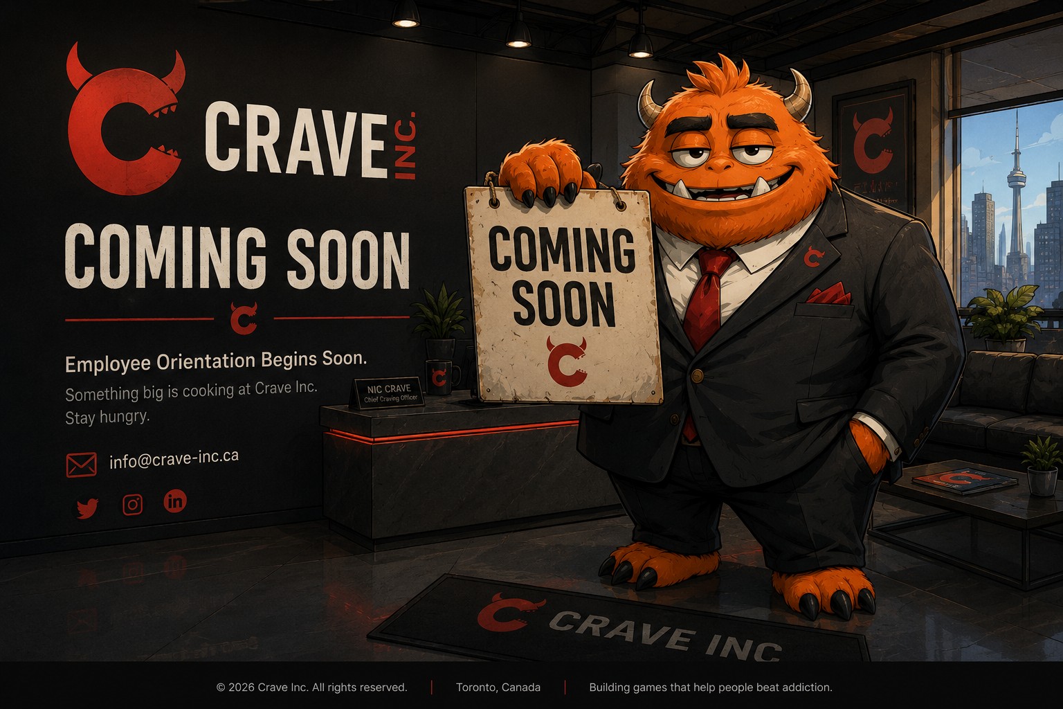 Nic Crave in the Crave Inc. lobby beside a Coming Soon announcement.