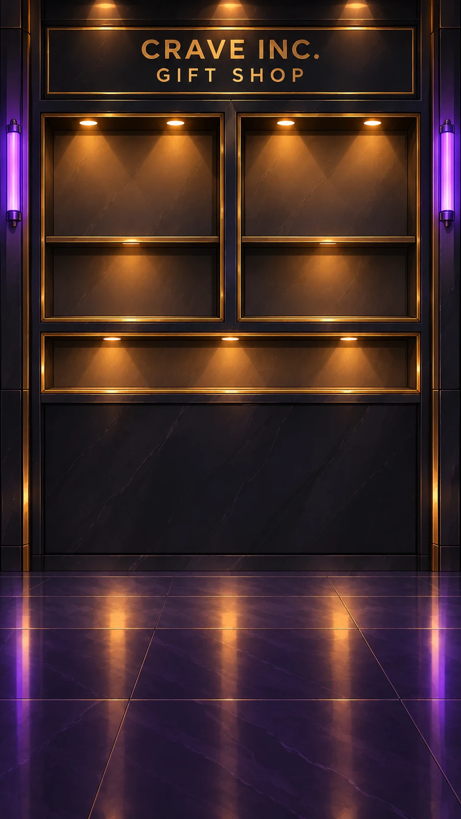 Portrait Crave Inc. gift shop with illuminated merchandise shelves