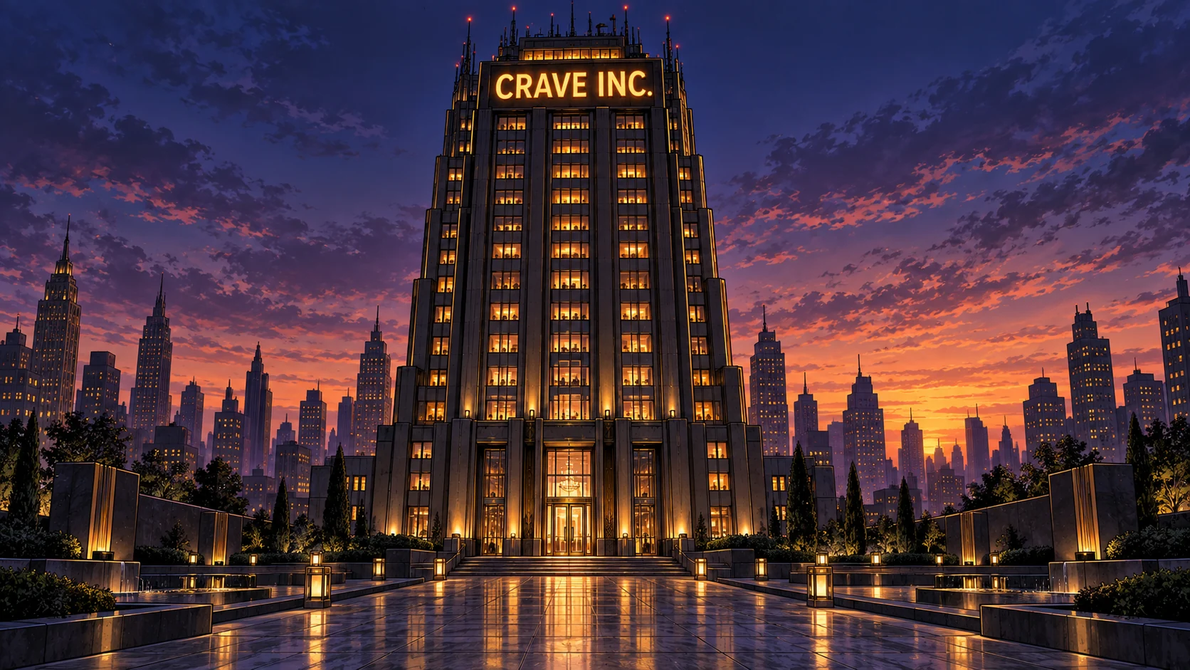 Crave Inc. headquarters at the height of its power, beyond a polished forecourt.